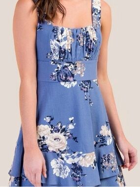 Francesca’s Collection NWOT Blue Linen Floral Sun Dress Size XXS